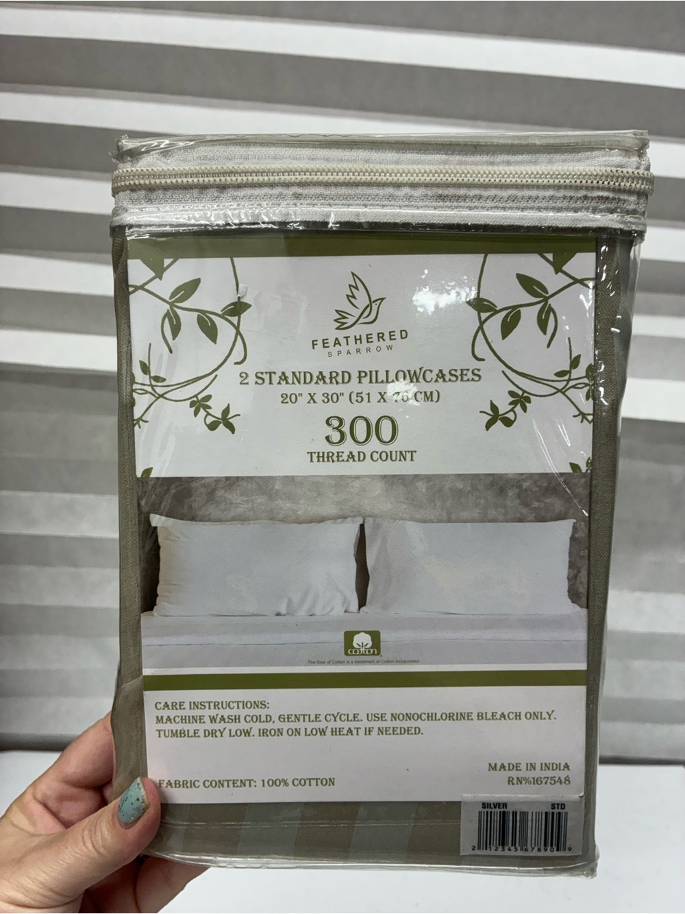 Feathered Sparrow pillowcases standard 20" X 30" striped 300 thread count NEW